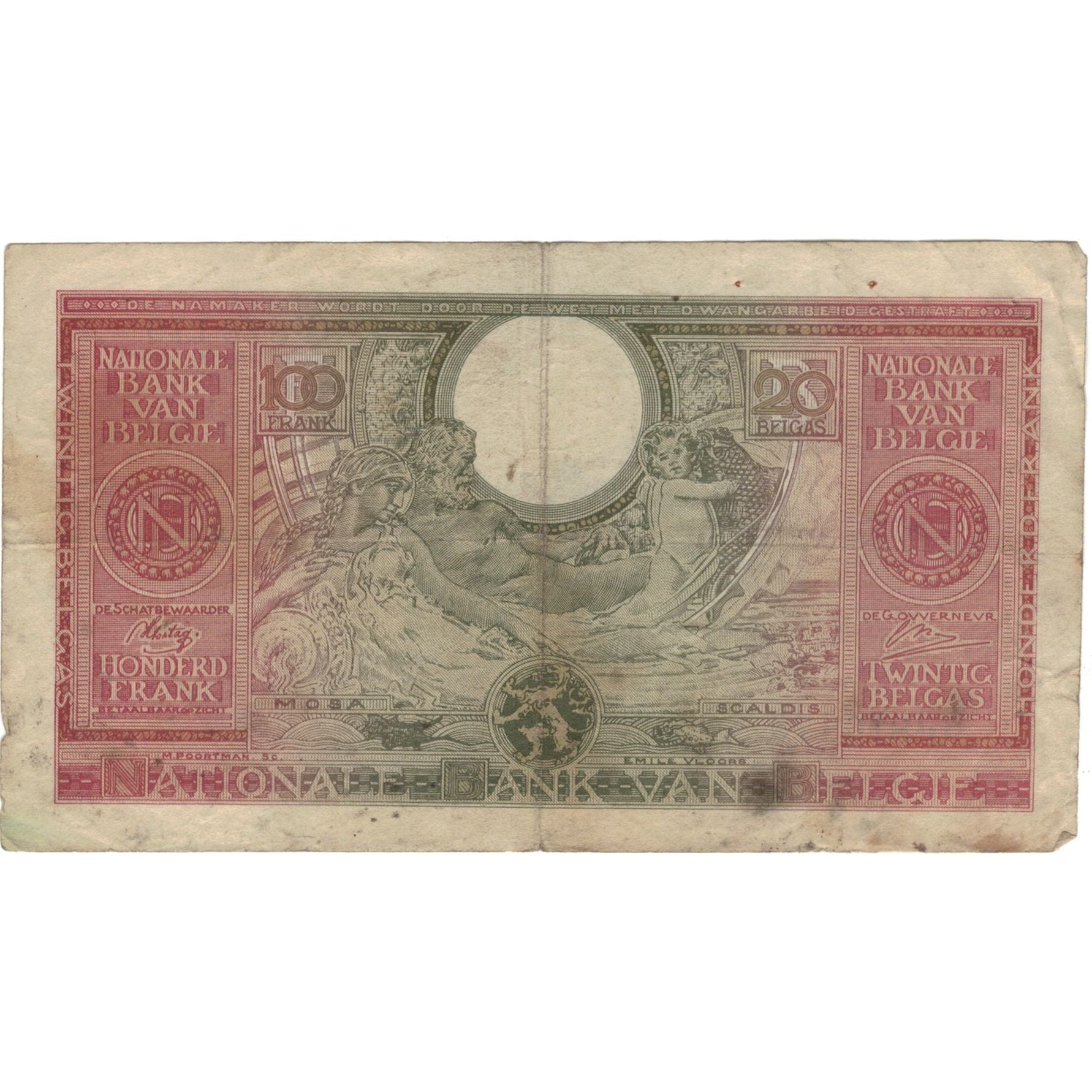 Nota, Bélgica, 100 Francs-20 Belgas, 1943, 1943-02-01, KM:123, VF(20-25)