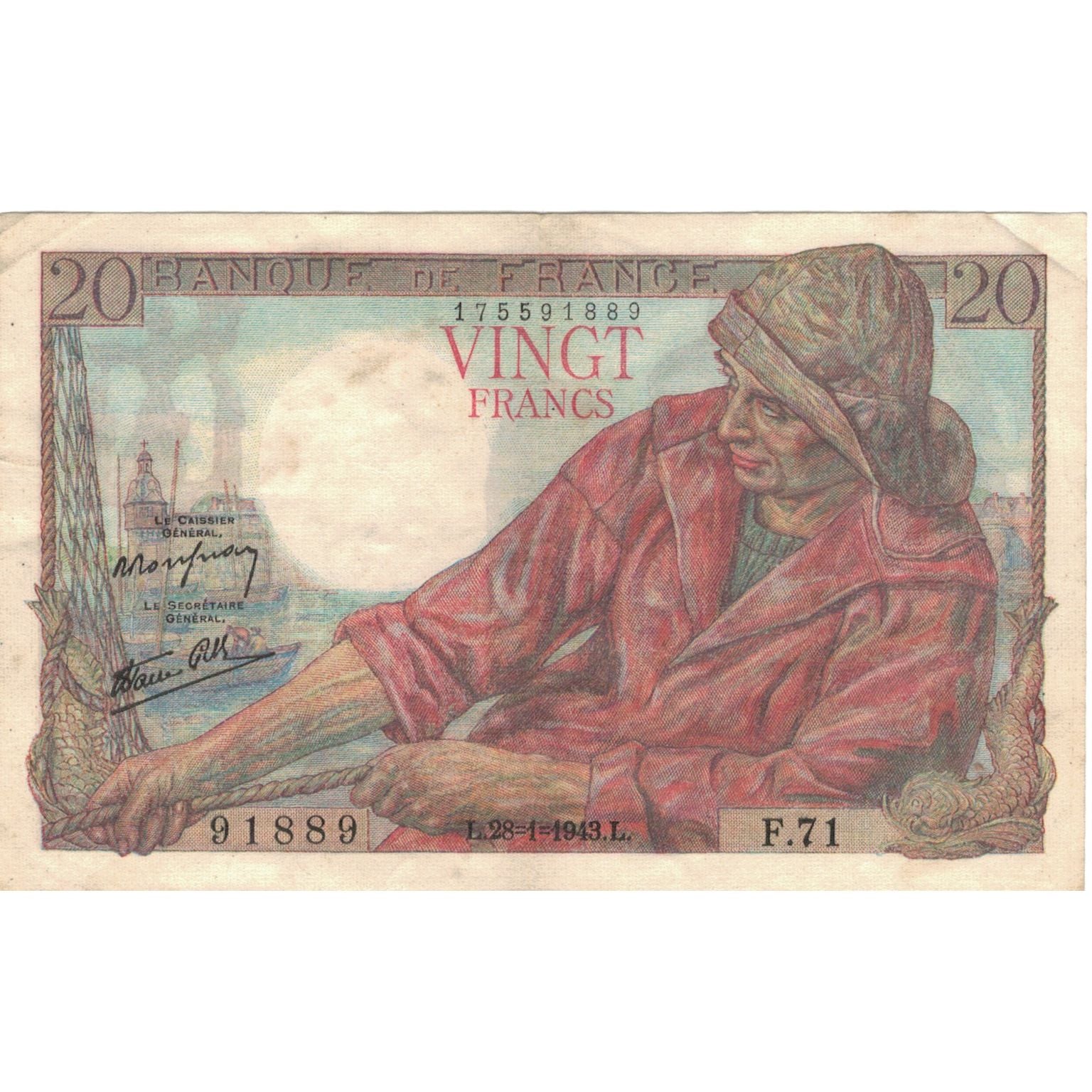 Francja, 20 Francs, Pêcheur, 1943, 91889 F.71, EF(40-45), Fayette:13.05