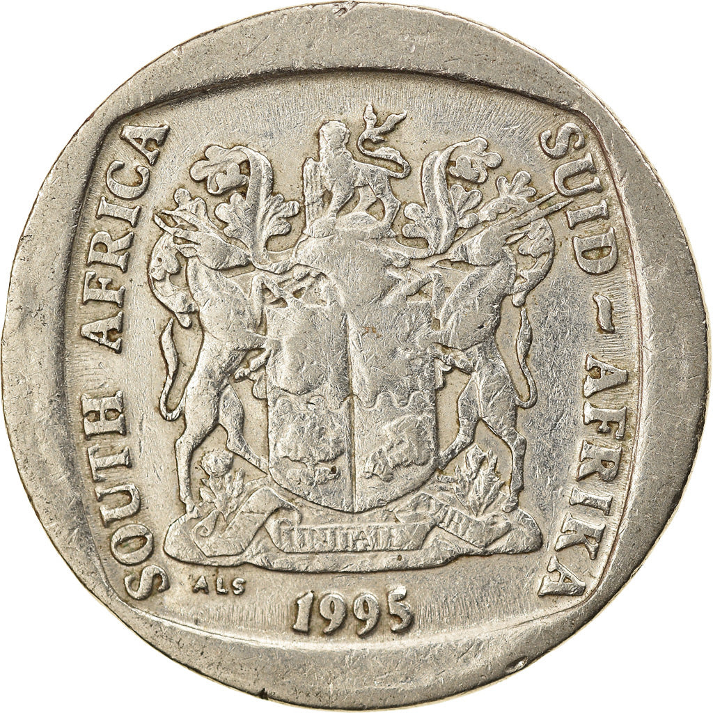 Moneda, Sudáfrica, 5 Rand, 1995, BC+, Níquel chapado en cobre, KM:140