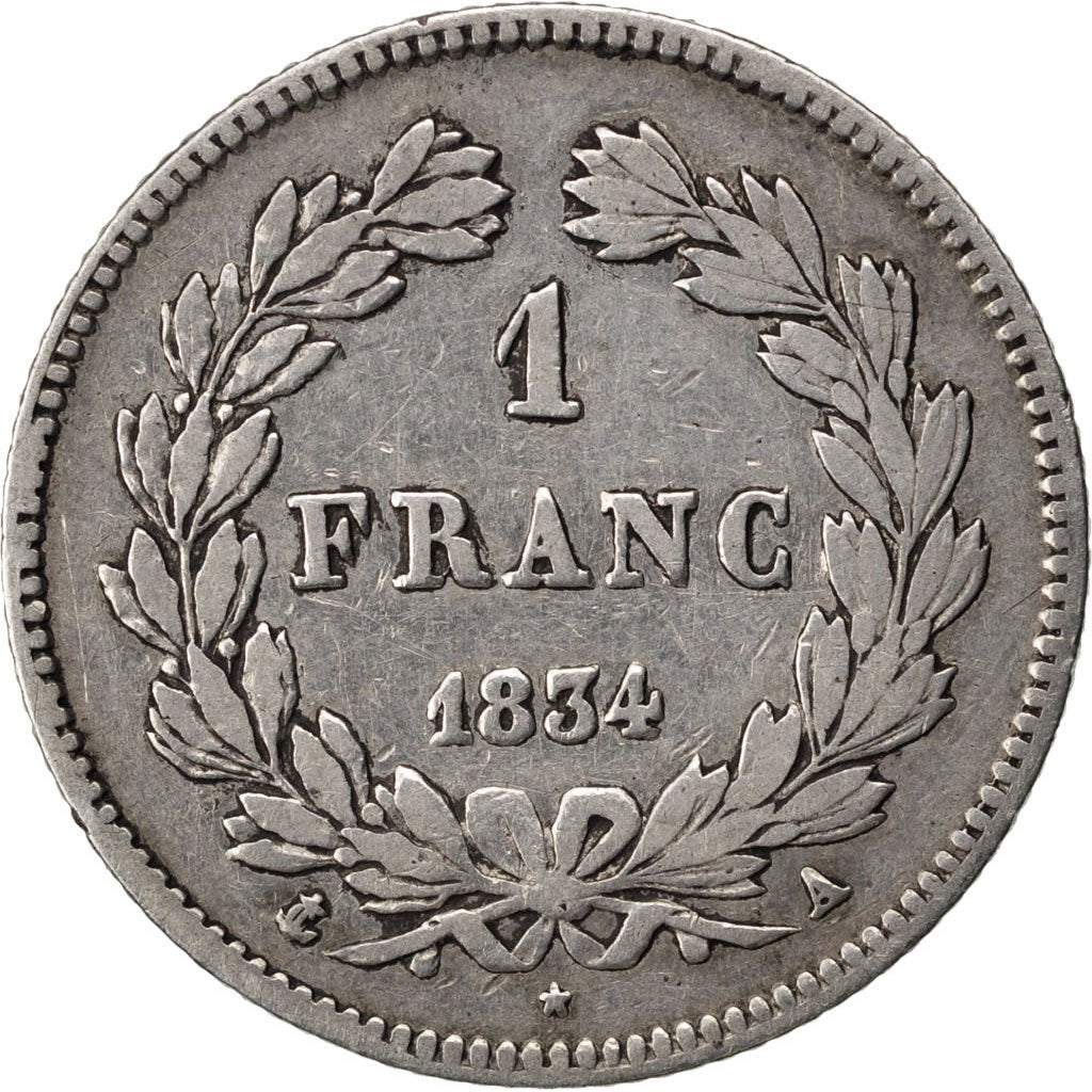 Coin, France, Louis-Philippe, Franc, 1834, Paris, VF(30-35), Silver, KM:748.1