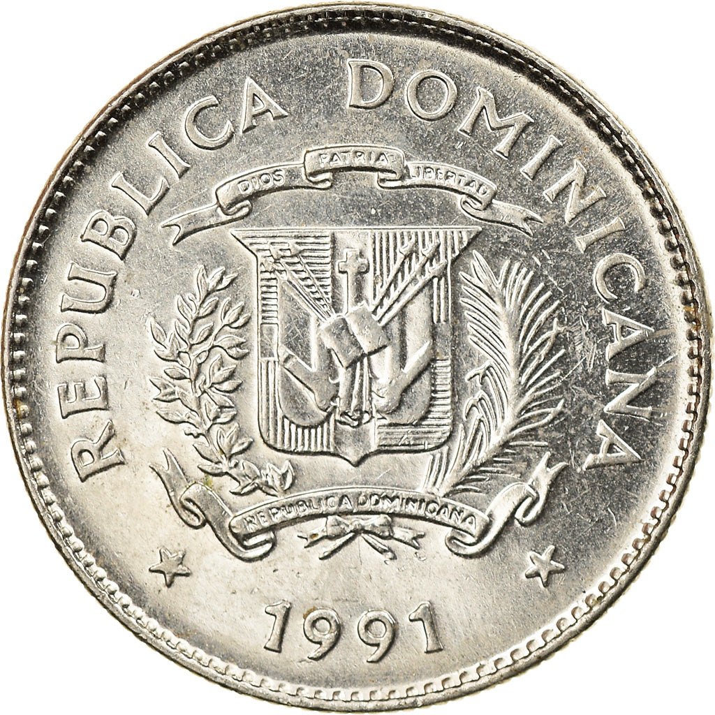 Moeda, República Dominicana, 10 Centavos, 1991, AU(55-58), Aço Revestido a