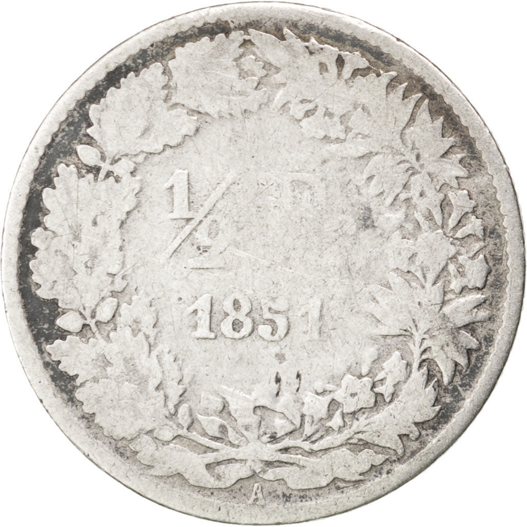 Coin, Switzerland, 1/2 Franc, 1851, VG(8-10), Silver, KM:8