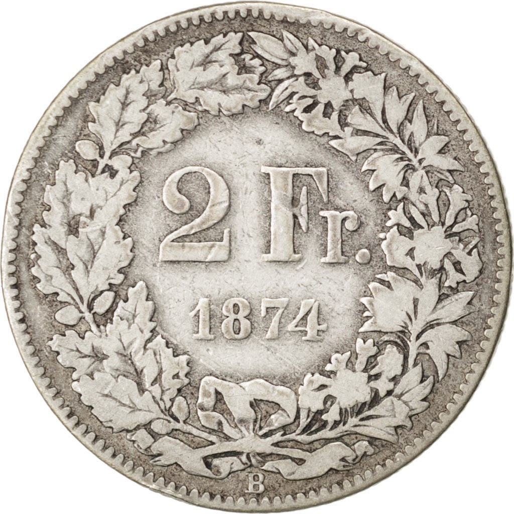 Coin, Switzerland, 2 Francs, 1874, VF(20-25), Silver, KM:21
