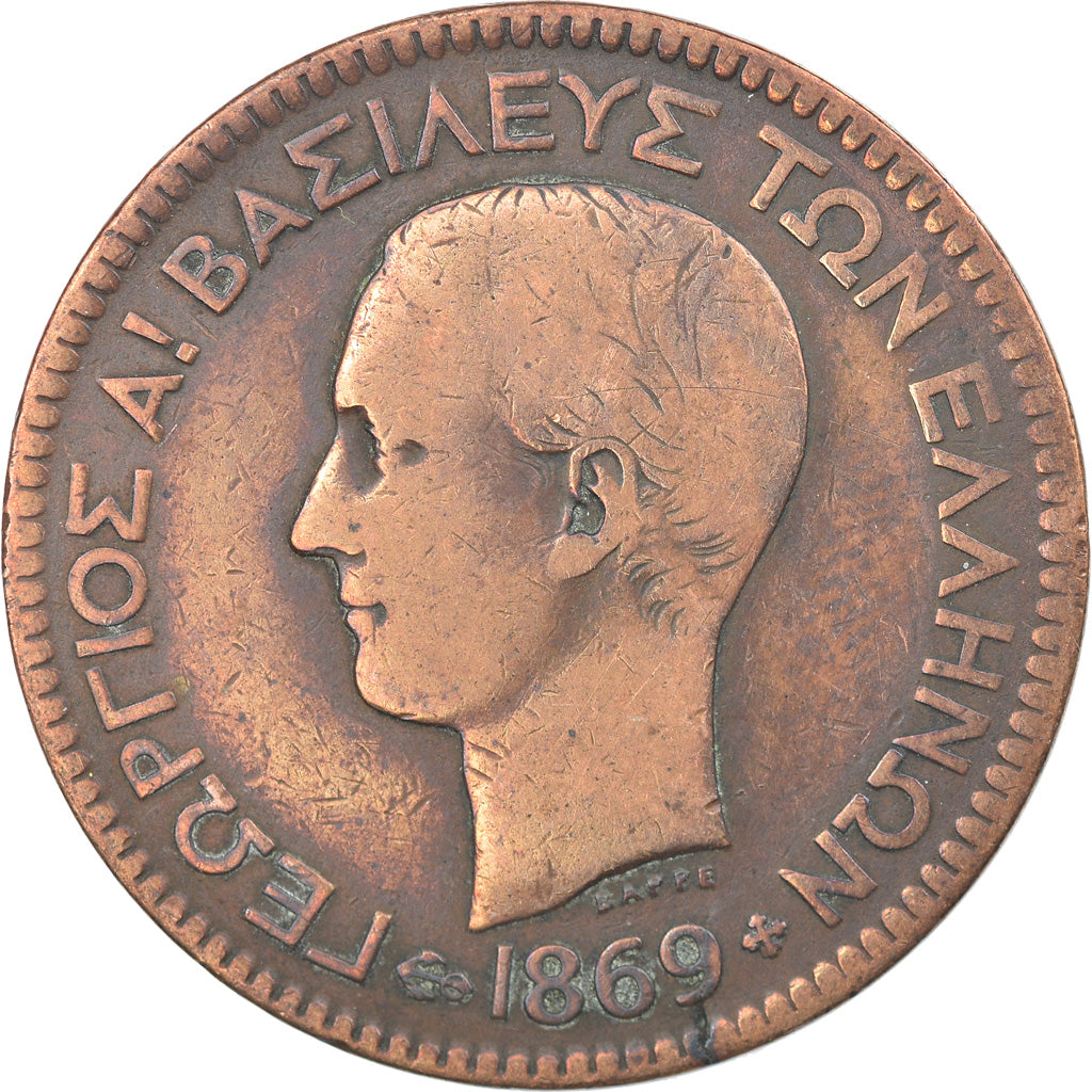 Coin, Greece, George I, 10 Lepta, 1869, Strassburg, VF(20-25), Copper, KM:43
