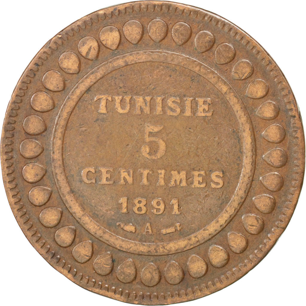 Coin, Tunisia, Ali Bey, 5 Centimes, 1891, Paris, EF(40-45), Bronze, KM:221