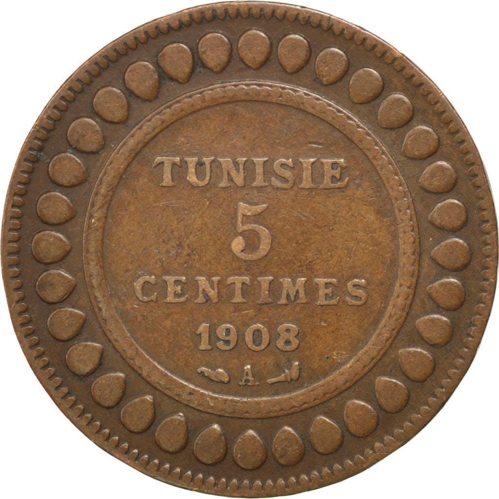 Coin, Tunisia, Muhammad al-Nasir Bey, 5 Centimes, 1908, Paris, EF(40-45)