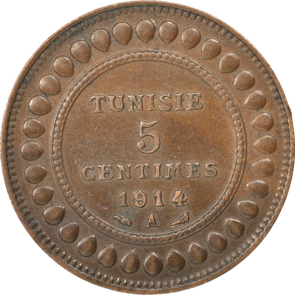 Coin, Tunisia, Muhammad al-Nasir Bey, 5 Centimes, 1914, Paris, EF(40-45)