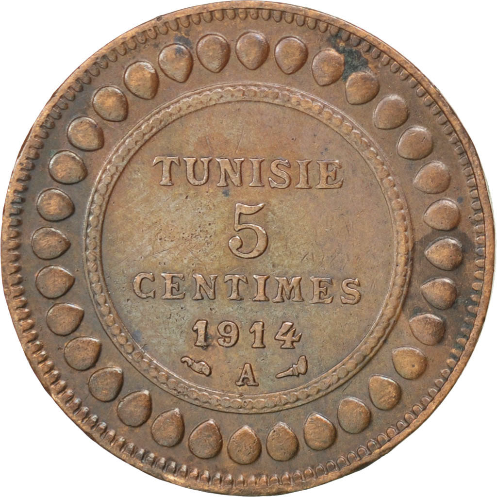 Coin, Tunisia, Muhammad al-Nasir Bey, 5 Centimes, 1914, Paris, EF(40-45)