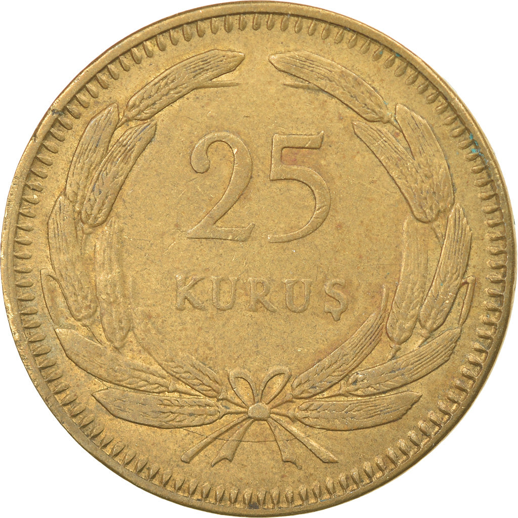 Moneta, Turchia, 25 Kurus, 1948, BB, Ottone, KM:886