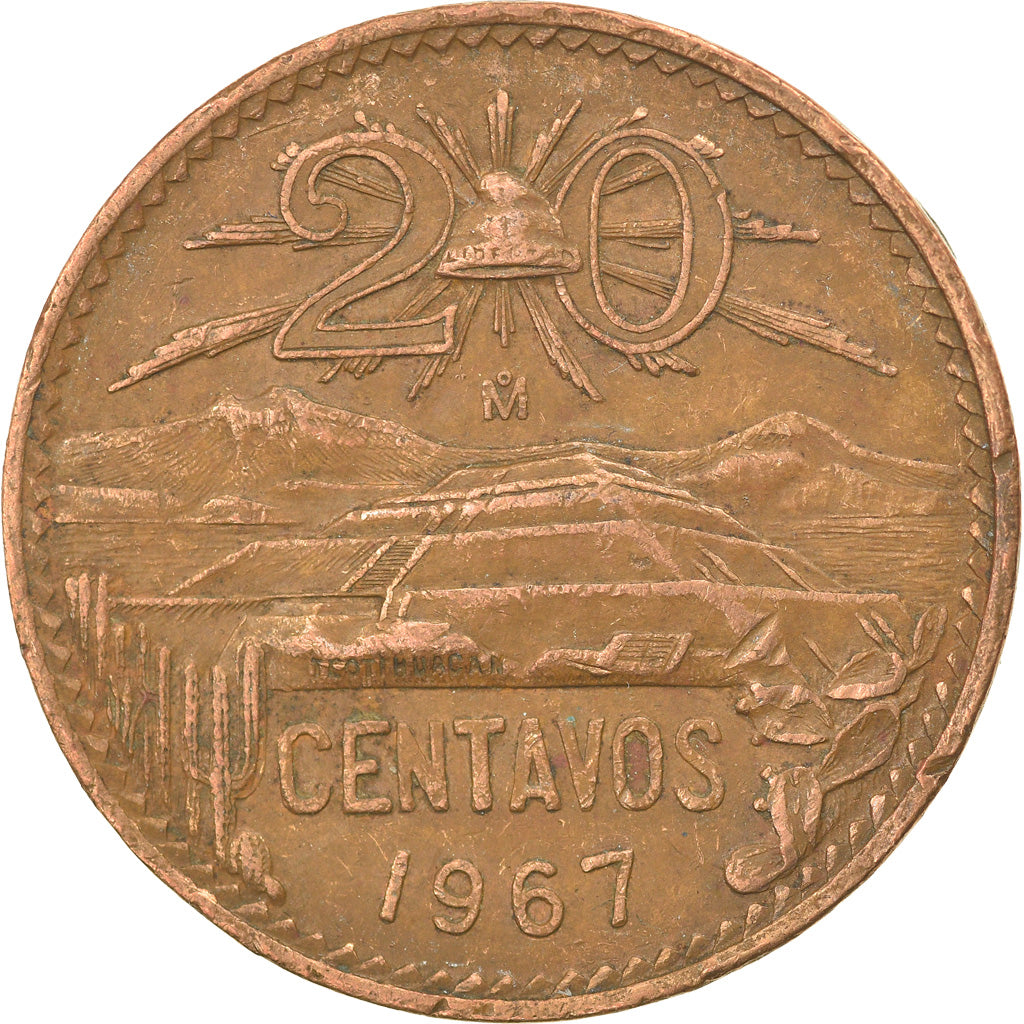 Moneta, Messico, 20 Centavos, 1967, Mexico City, BB, Bronzo, KM:440