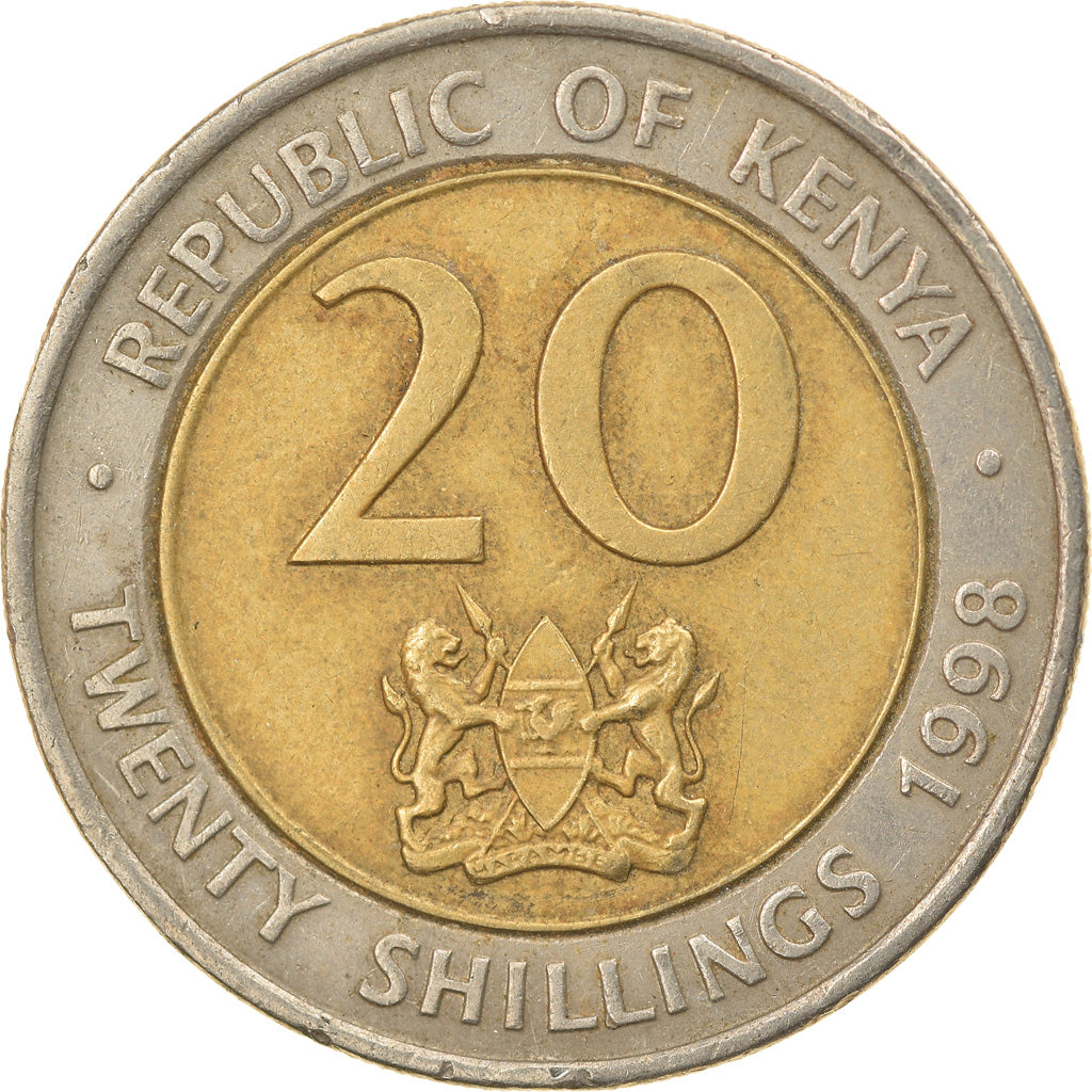 Moeda, Quénia, 20 Shillings, 1998, British Royal Mint, EF(40-45), Bimetálico