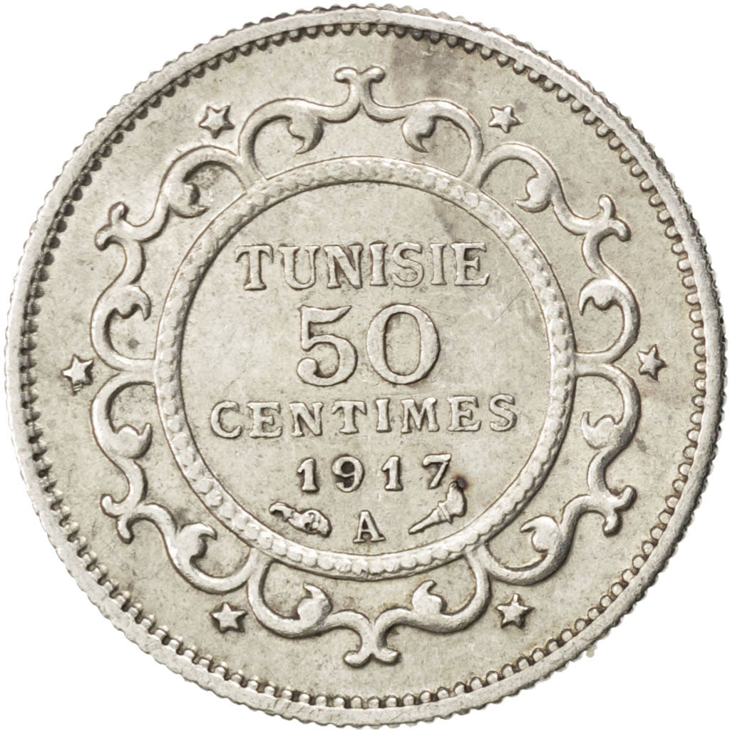 Coin, Tunisia, Muhammad al-Nasir Bey, 50 Centimes, 1917, Paris, AU(55-58)