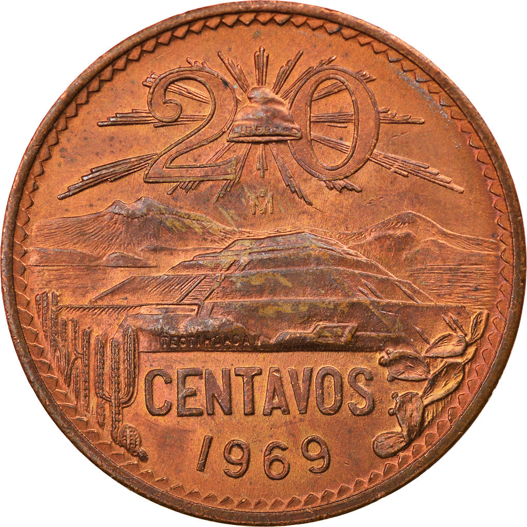 Coin, Mexico, 20 Centavos, 1969, Mexico City, EF(40-45), Bronze, KM:440
