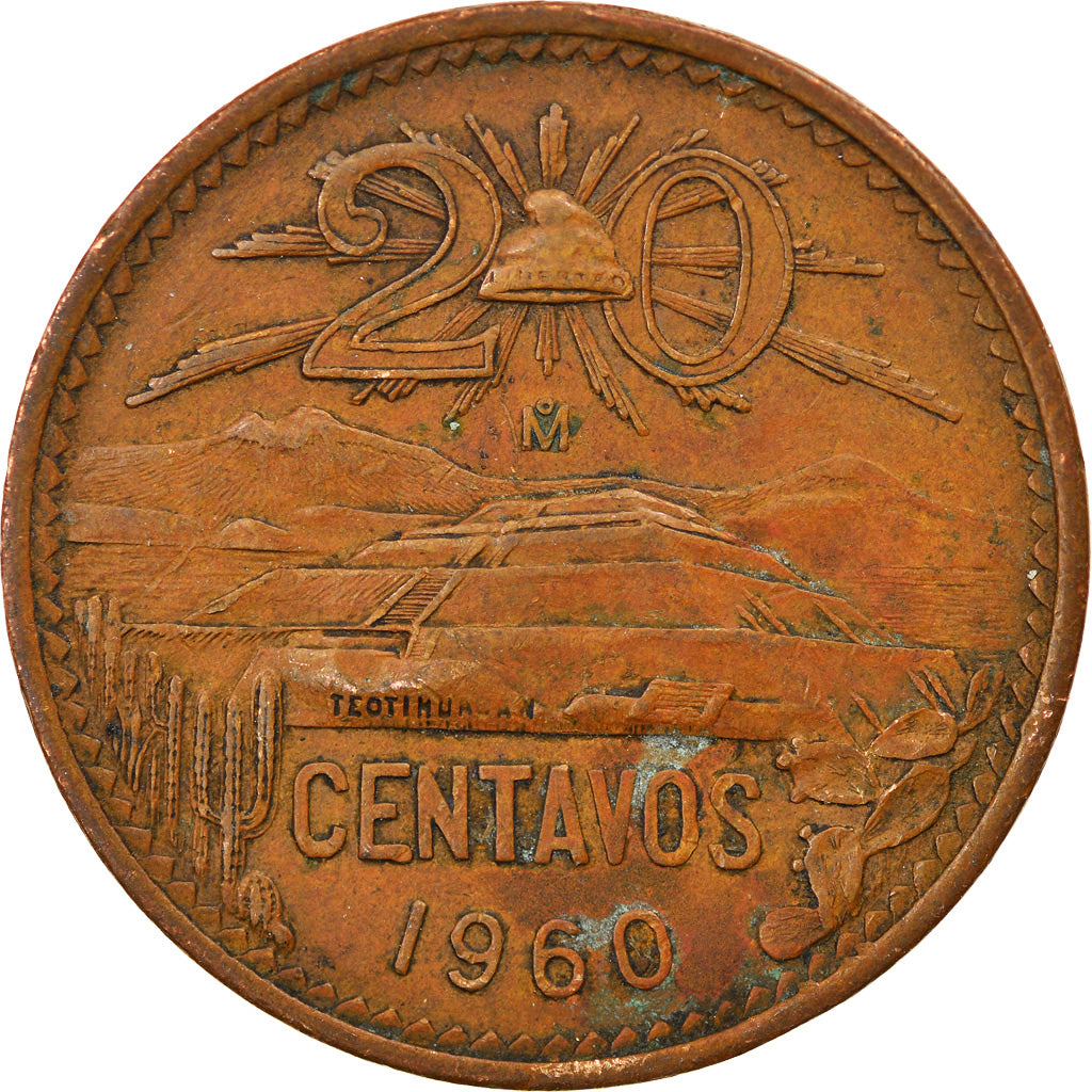 Moeda, México, 20 Centavos, 1960, Mexico City, EF(40-45), Bronze, KM:440