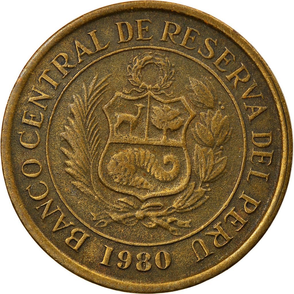 Moneda, Perú, 5 Soles, 1980, MBC, Latón, KM:271