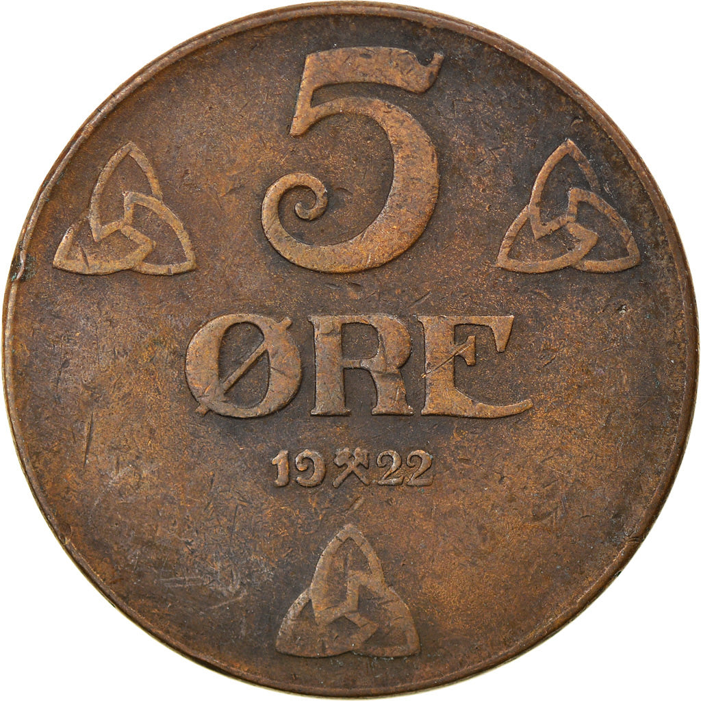 Moneda, Noruega, Haakon VII, 5 Öre, 1922, Kongsberg, MBC, Bronce, KM:368