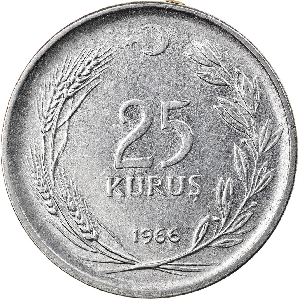 Moeda, Turquia, 25 Kurus, 1966, EF(40-45), Aço Inoxidável, KM:892.2