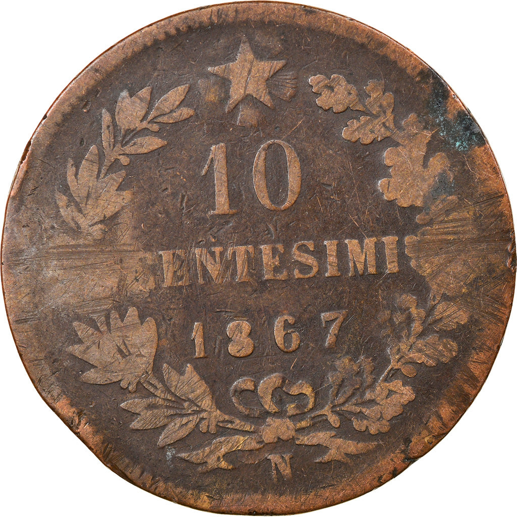 Moneda, Italia, Vittorio Emanuele II, 10 Centesimi, 1867, Naples, BC, Cobre