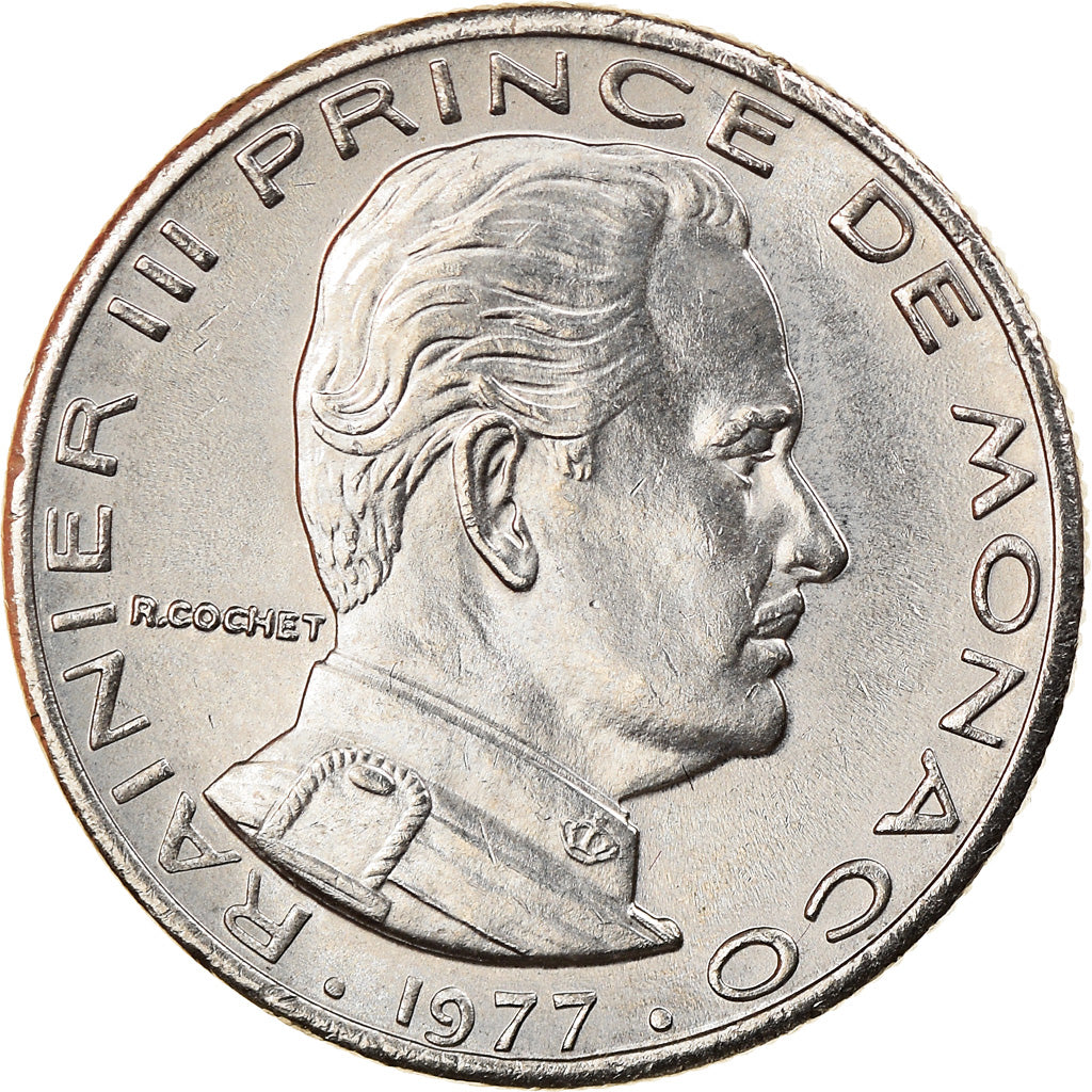Moeda, Mónaco, Rainier III, 1/2 Franc, 1977, MS(63), Níquel, KM:145