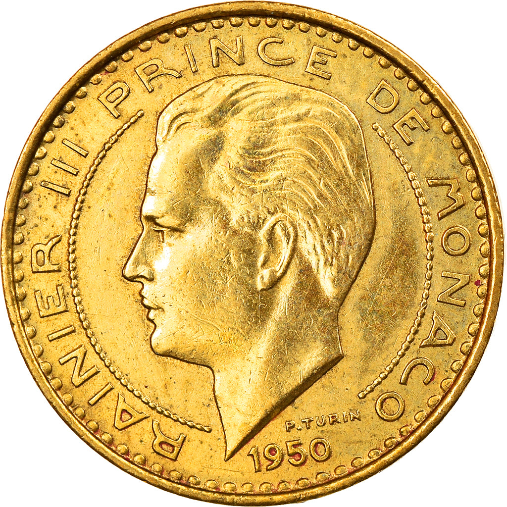 Moeda, Mónaco, Rainier III, 10 Francs, 1950, AU(55-58), Alumínio-Bronze