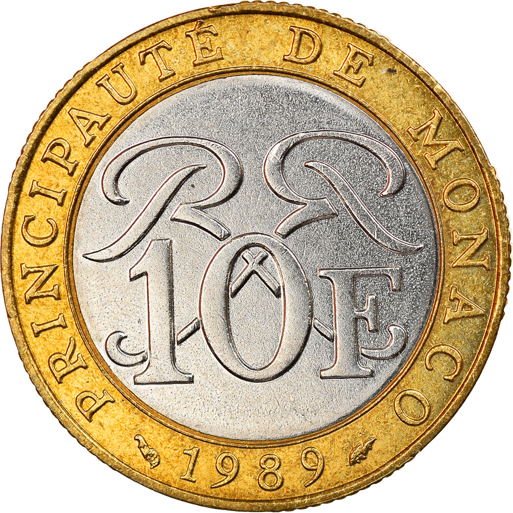 Münze, Monaco, Rainier III, 10 Francs, 1989, VZ, Bi-Metallic, KM:163