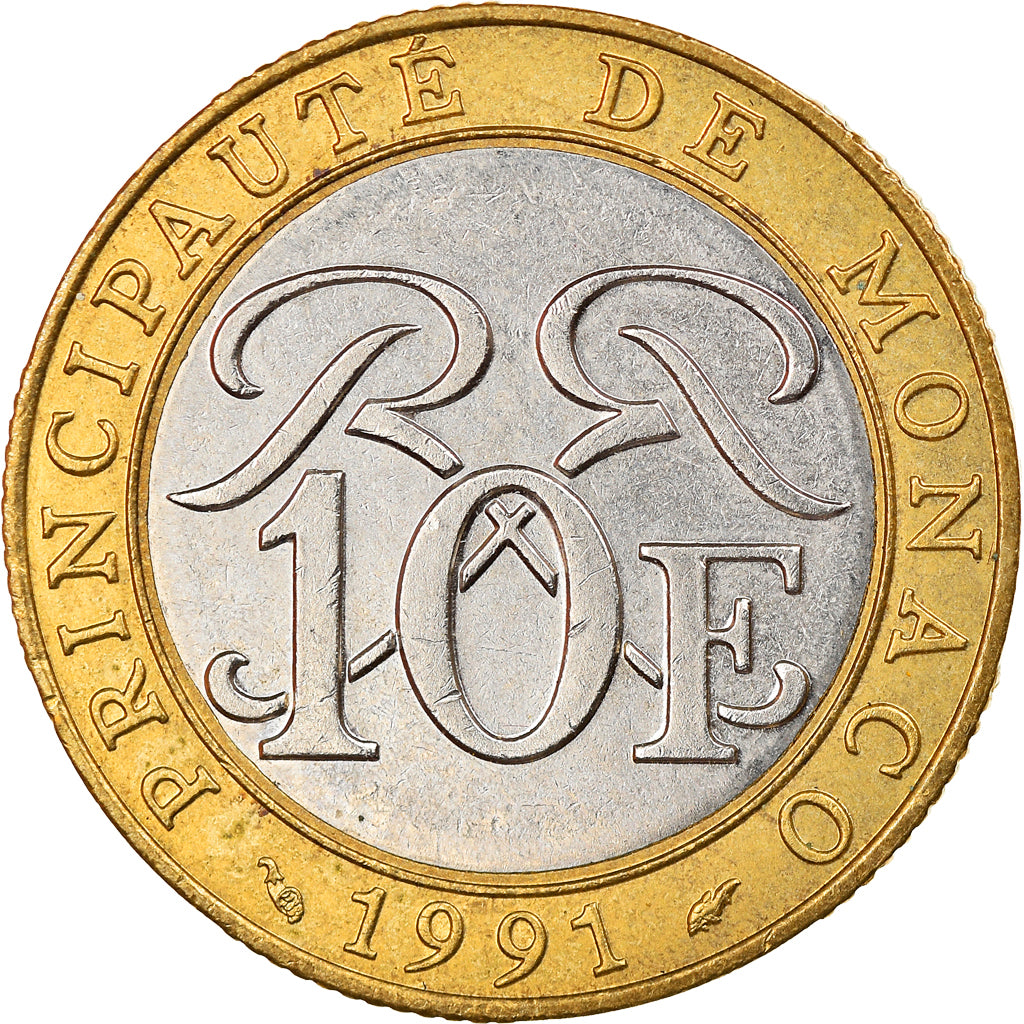 Moneda, Mónaco, Rainier III, 10 Francs, 1991, MBC, Bimetálico, KM:163