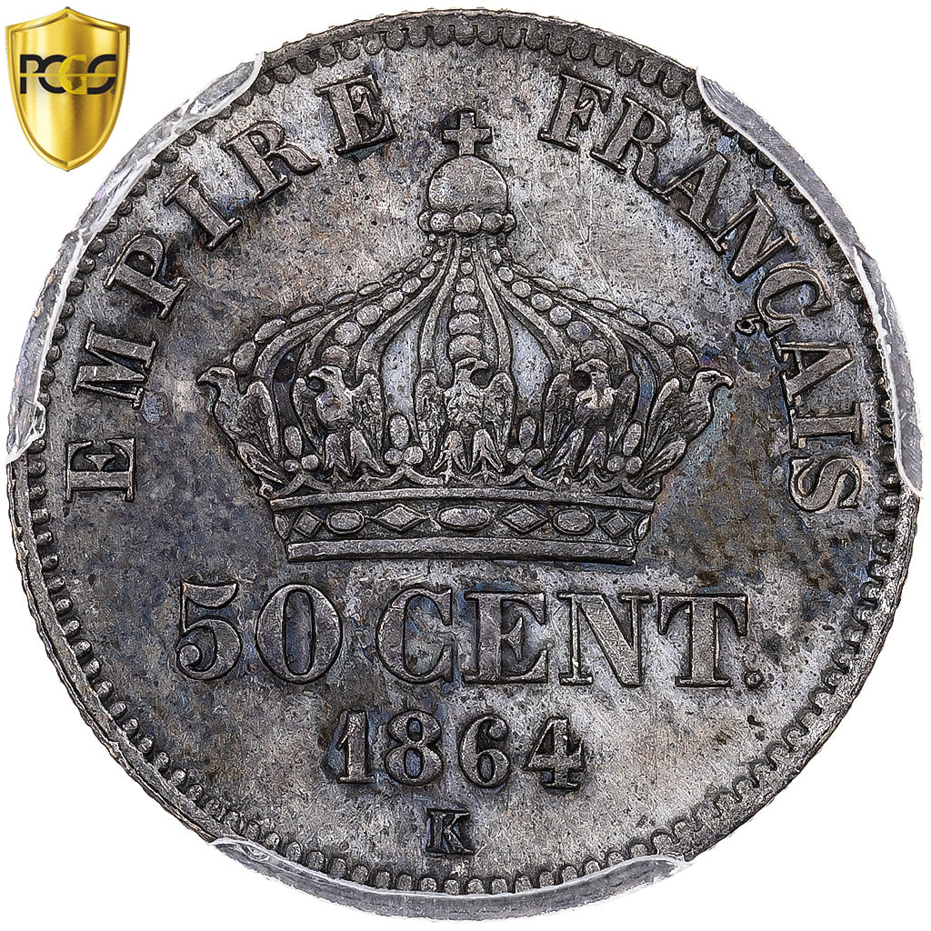 France, Napoleon III, 50 Centimes, 1864, Bordeaux, Silver, PCGS, AU(55-58)