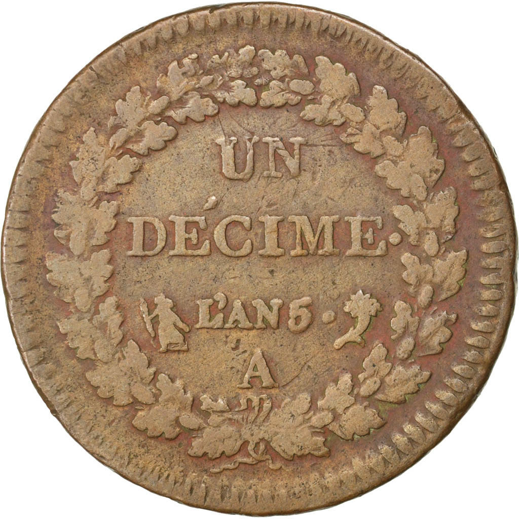 Moneta, Francia, Dupré, Decime, 1797, Paris, MB+, Bronzo, KM:645.1, Gadoury:185