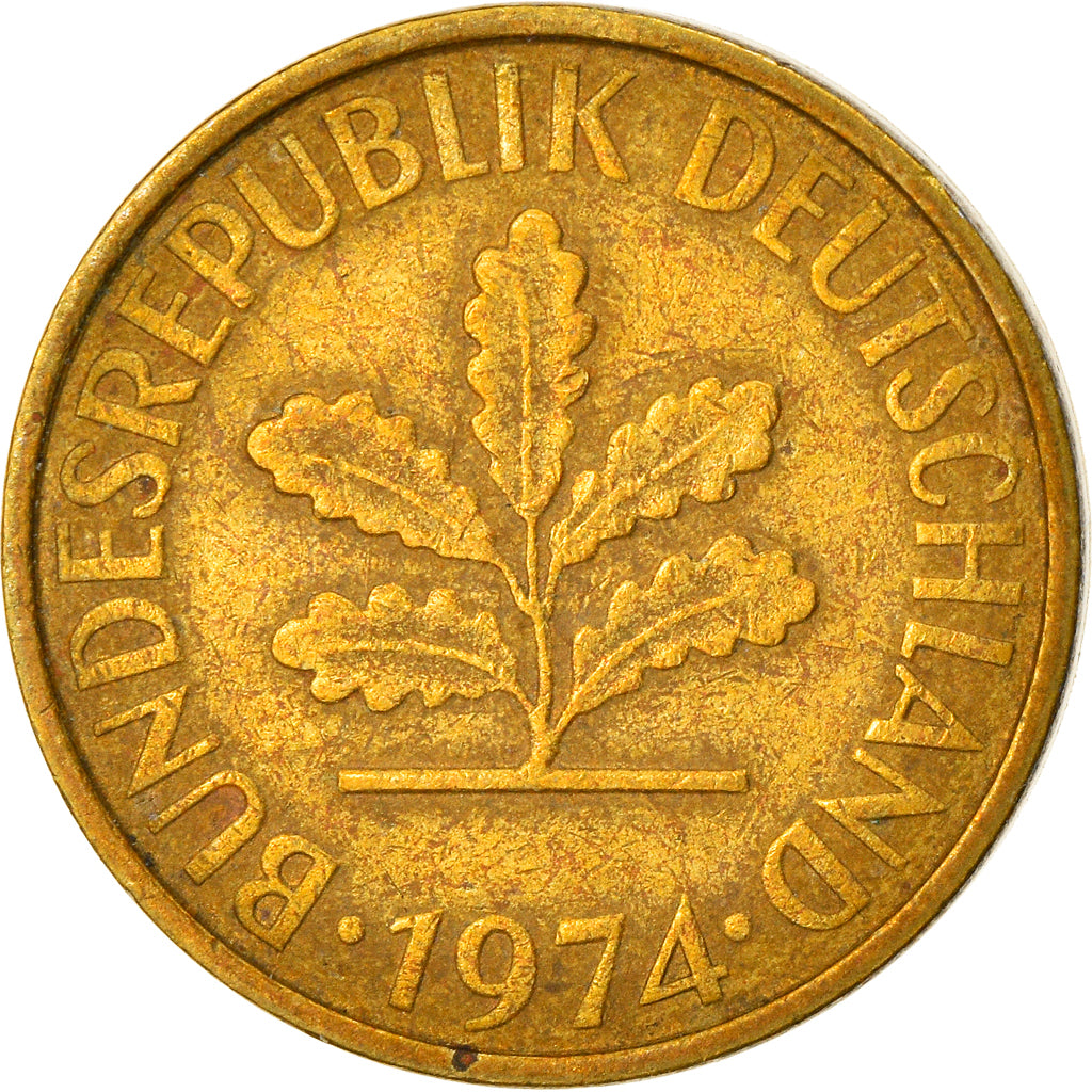 Moneda, ALEMANIA - REPÚBLICA FEDERAL, 5 Pfennig, 1974, Stuttgart, MBC, Latón