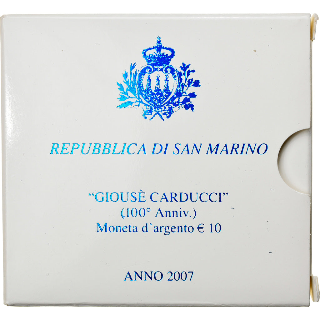 San Marino, 10 Euro, Giosuè Carducci, 2007, Rome, Proof, MS(65-70), Srebro