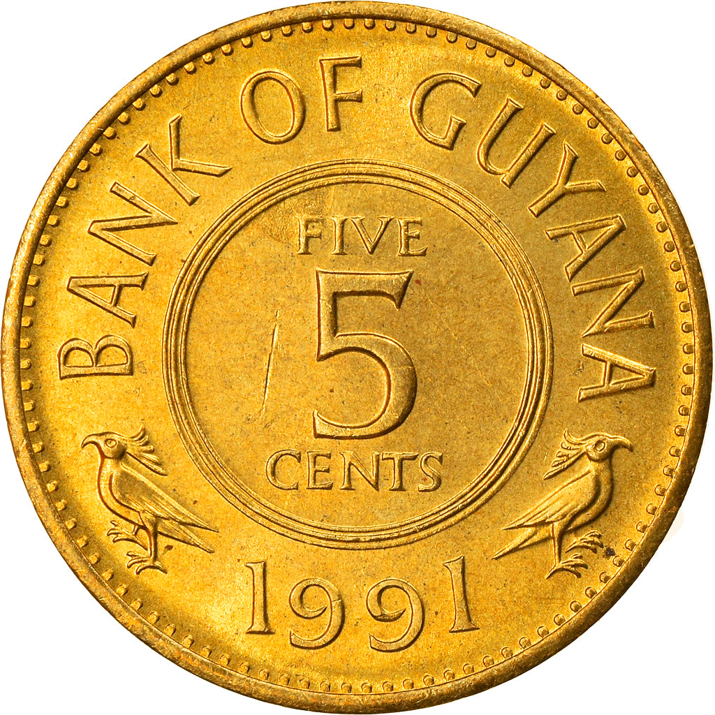 Coin, Guyana, 5 Cents, 1991, MS(63), Nickel-brass, KM:32