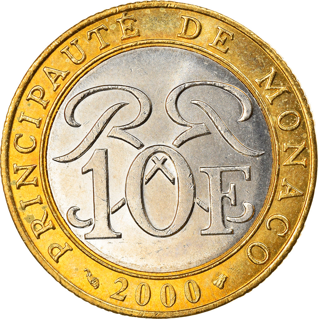 Moeda, Mónaco, Rainier III, 10 Francs, 2000, AU(55-58), Bimetálico, KM:163