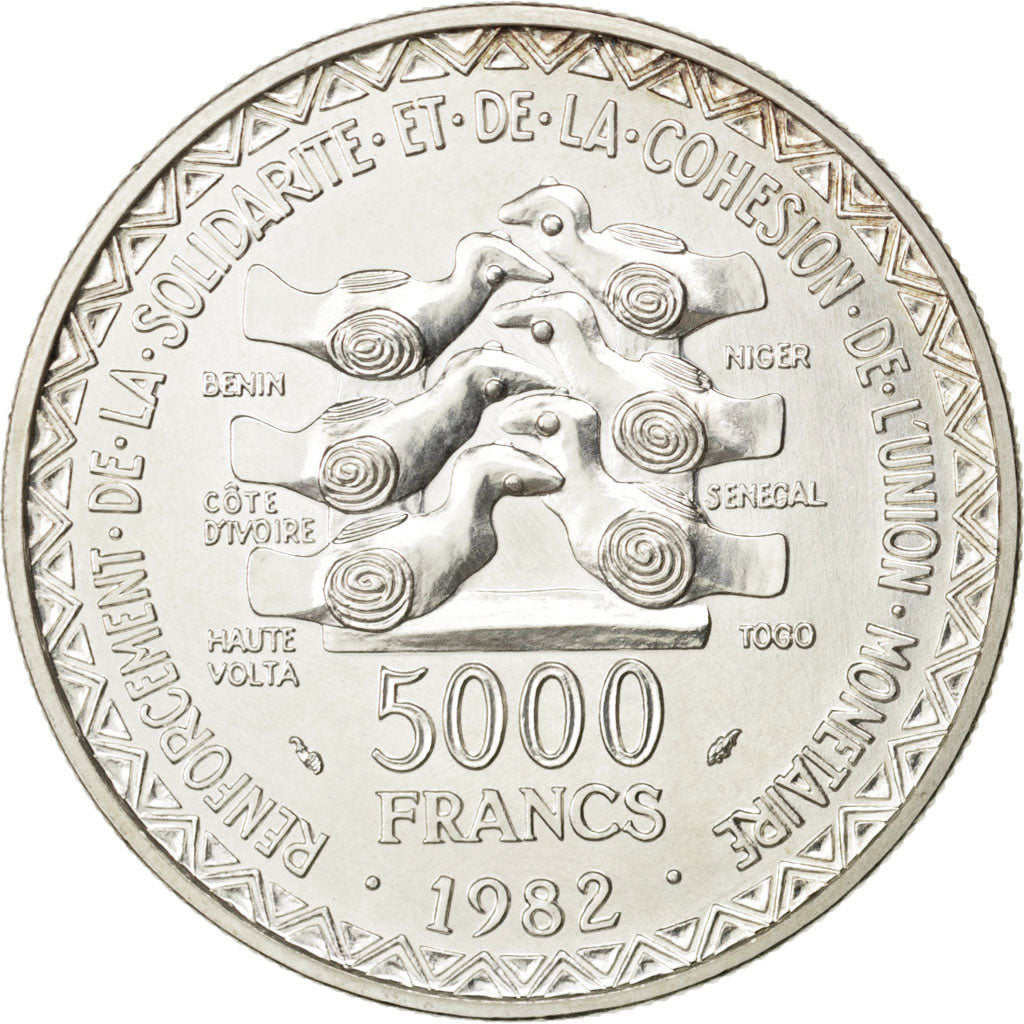 Coin, West African States, 5000 Francs, 1982, MS(63), Silver, KM:E13
