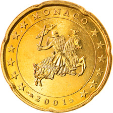Monaco, 20 Euro Cent, 2001, Paris, AU(55-58), Mosiądz, KM:171