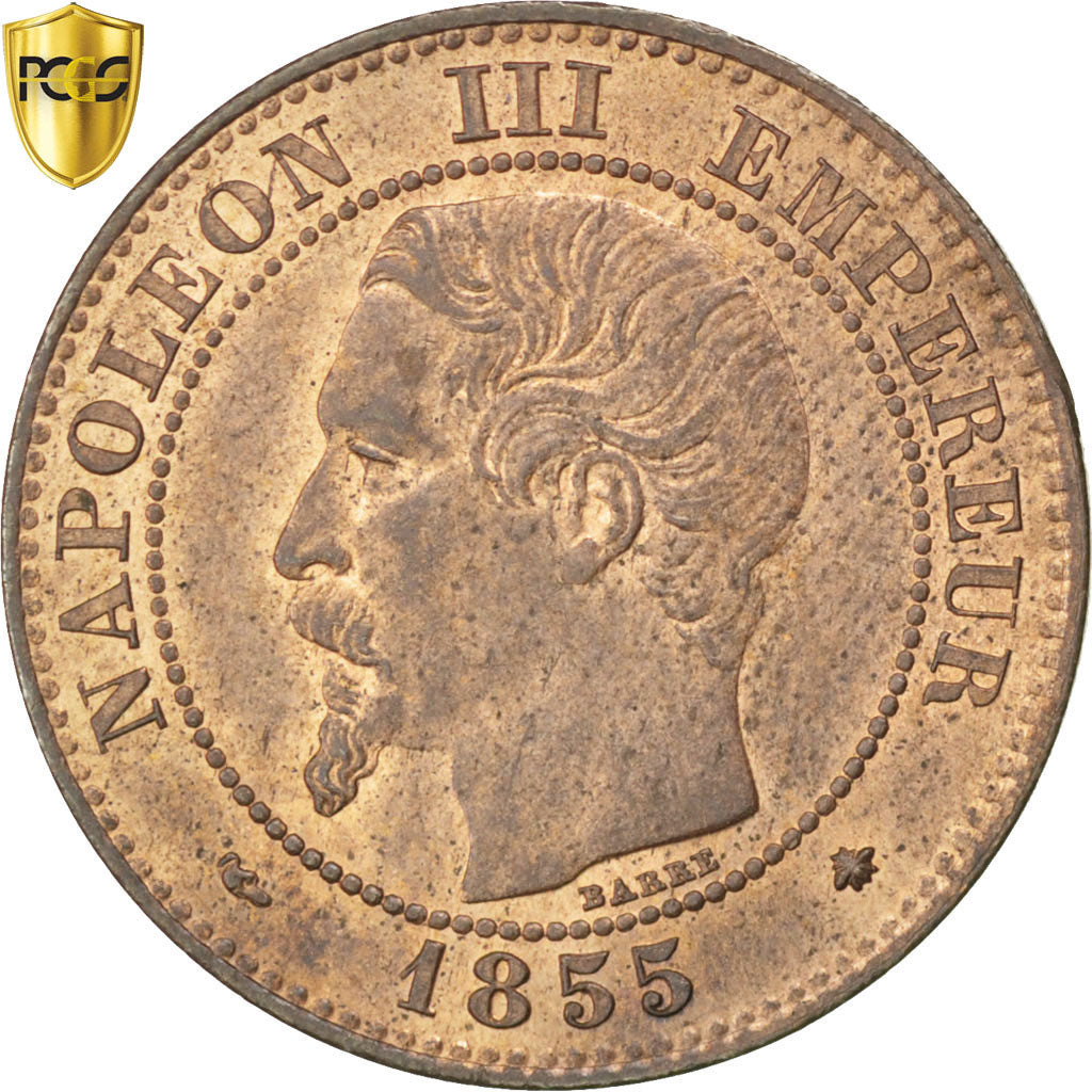 France, Napoleon III, 2 Centimes, 1855, Strasbourg, Bronze, PCGS, MS64RB