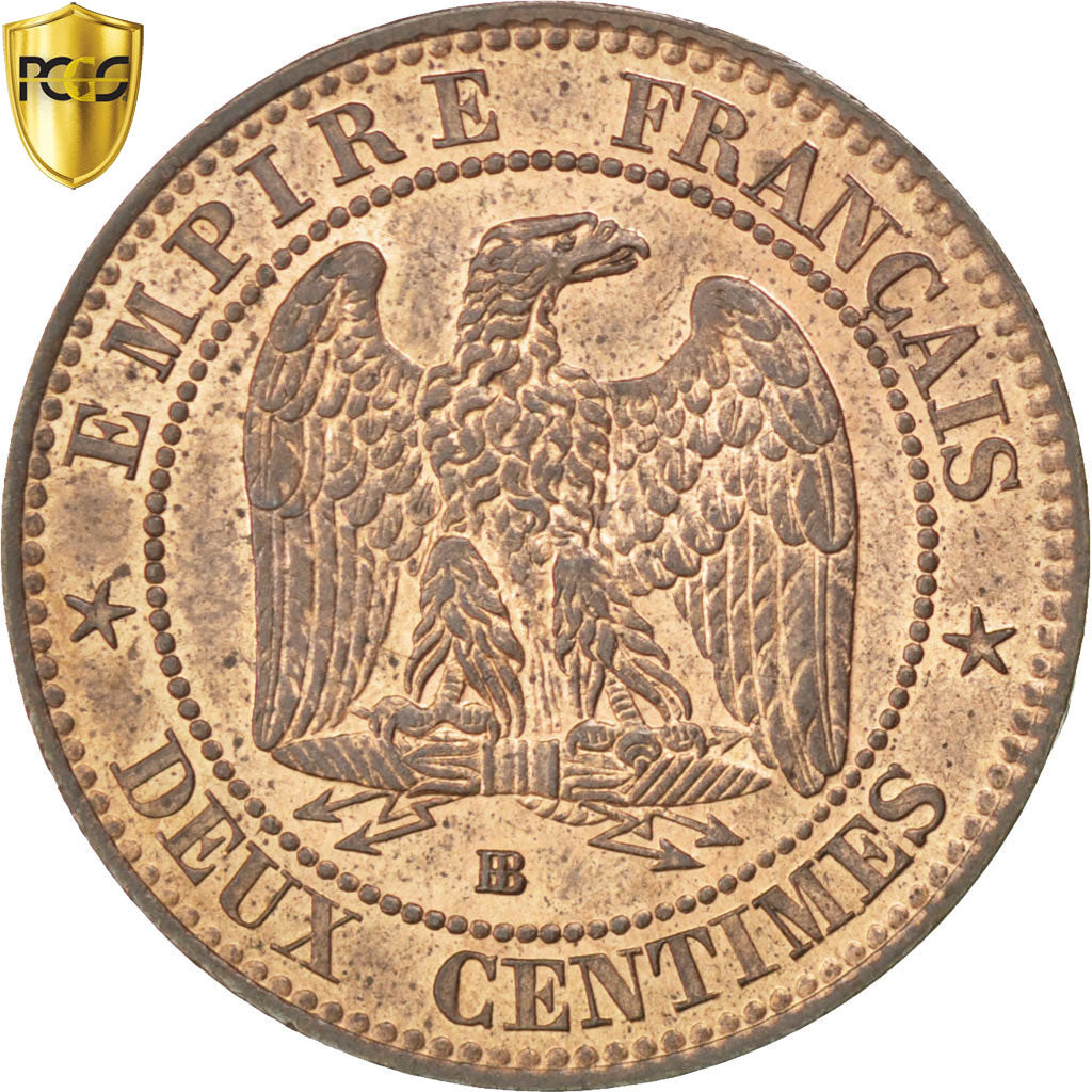 France, Napoleon III, 2 Centimes, 1855, Strasbourg, Bronze, PCGS, MS64RB