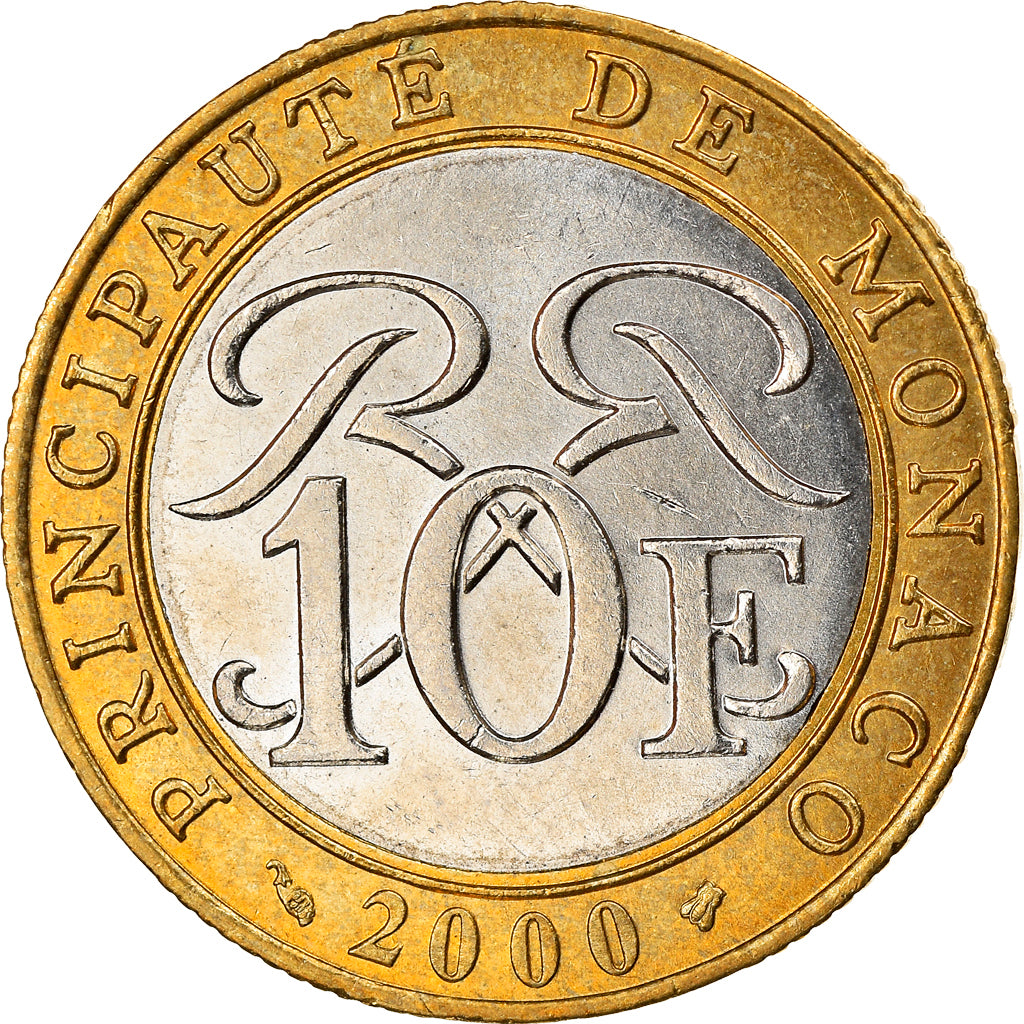 Moeda, Mónaco, Rainier III, 10 Francs, 2000, AU(55-58), Bimetálico, KM:163