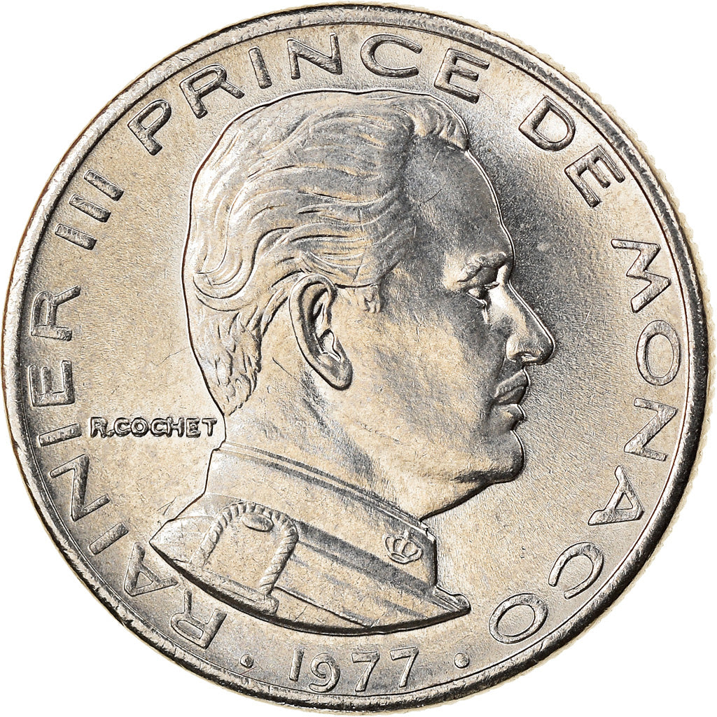 Coin, Monaco, Rainier III, 1/2 Franc, 1977, AU(55-58), Nickel, KM:145
