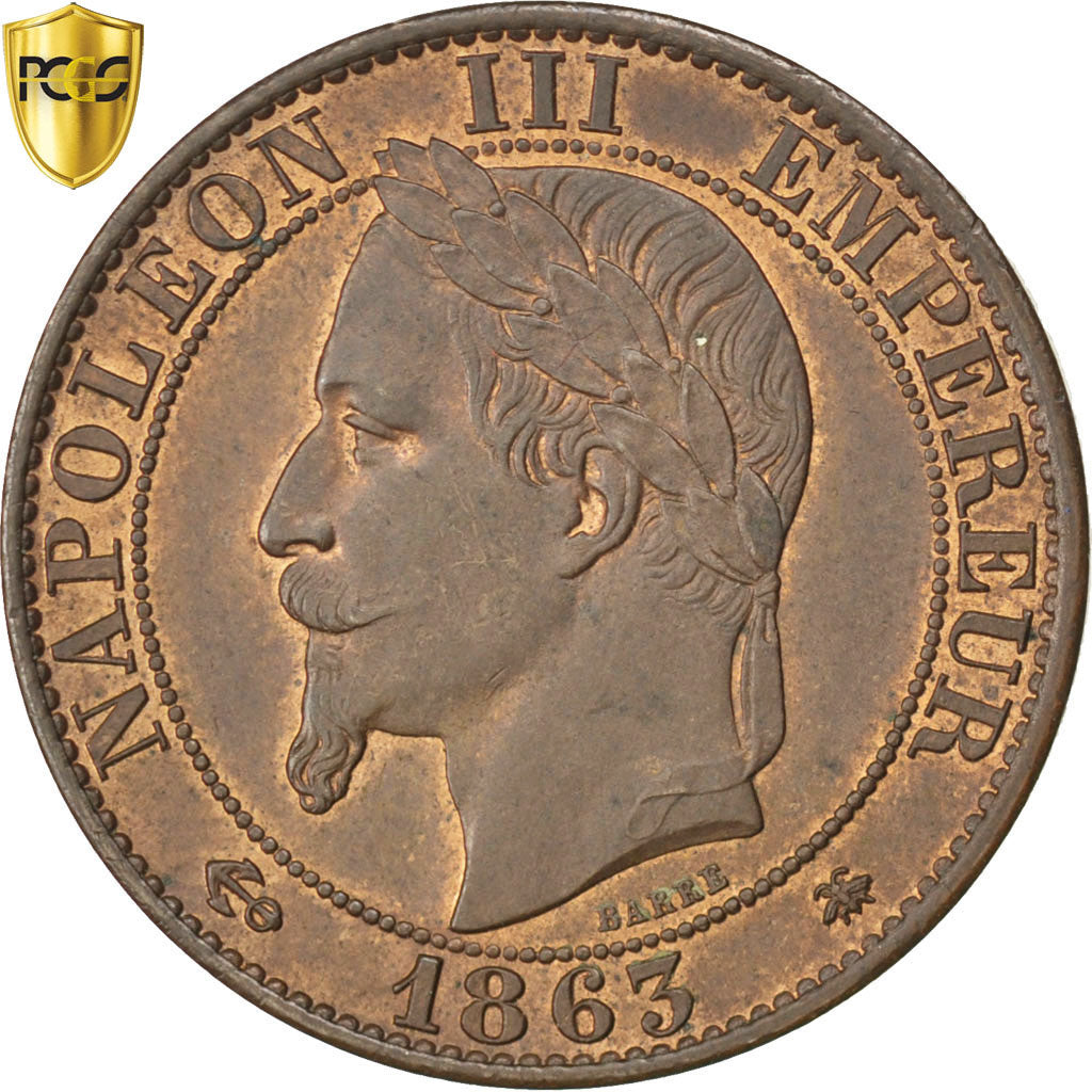Francia, Napoleon III, 5 Centimes, 1863, Paris, Bronzo, PCGS, MS63BN