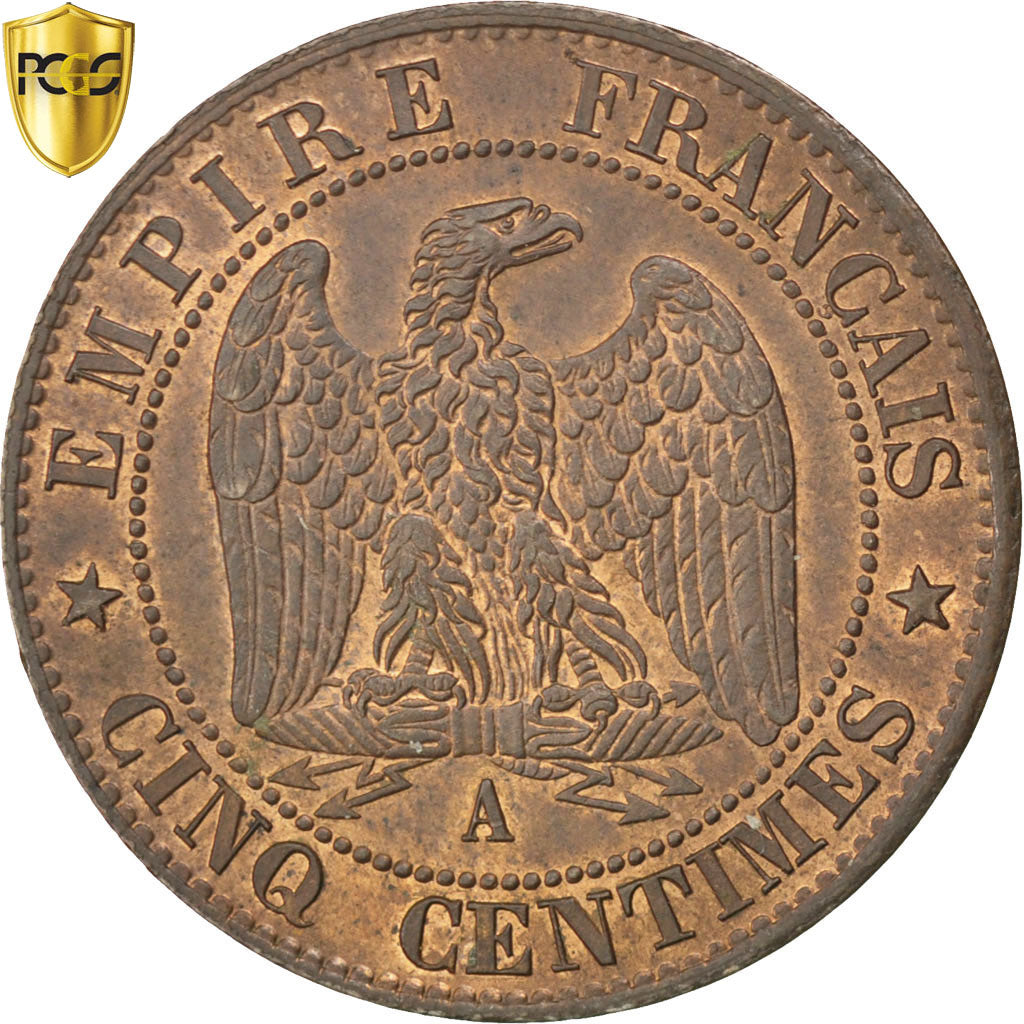 Francia, Napoleon III, 5 Centimes, 1863, Paris, Bronzo, PCGS, MS63BN
