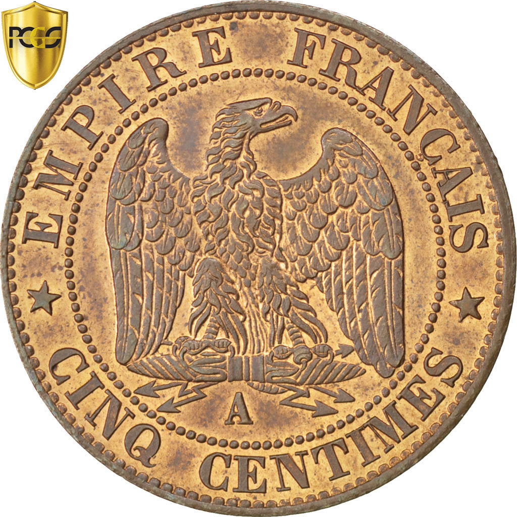France, Napoleon III, 5 Centimes, 1865, Paris, Bronze, PCGS, MS(64)