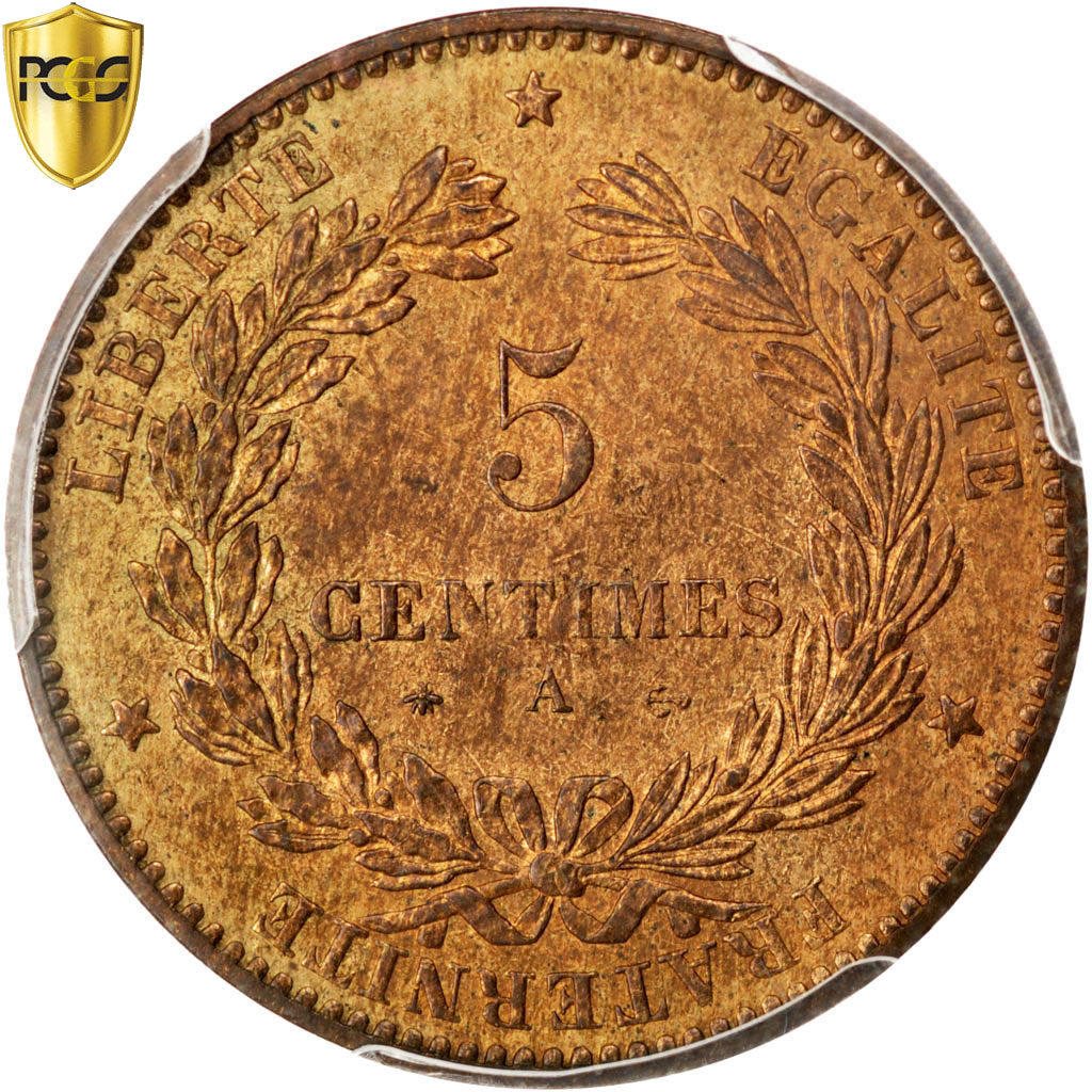 France, 5 Centimes, Cérès, 1874, Paris, Bronze, PCGS, MS64RB, Gadoury:157a