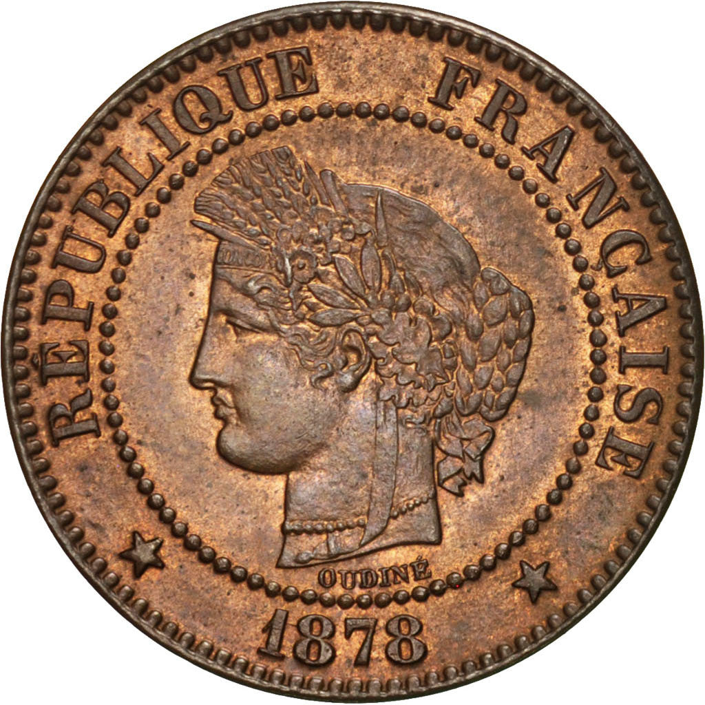 Moneta, Francja, Cérès, 2 Centimes, 1878, Paris, MS(63), Bronze, KM:827.1