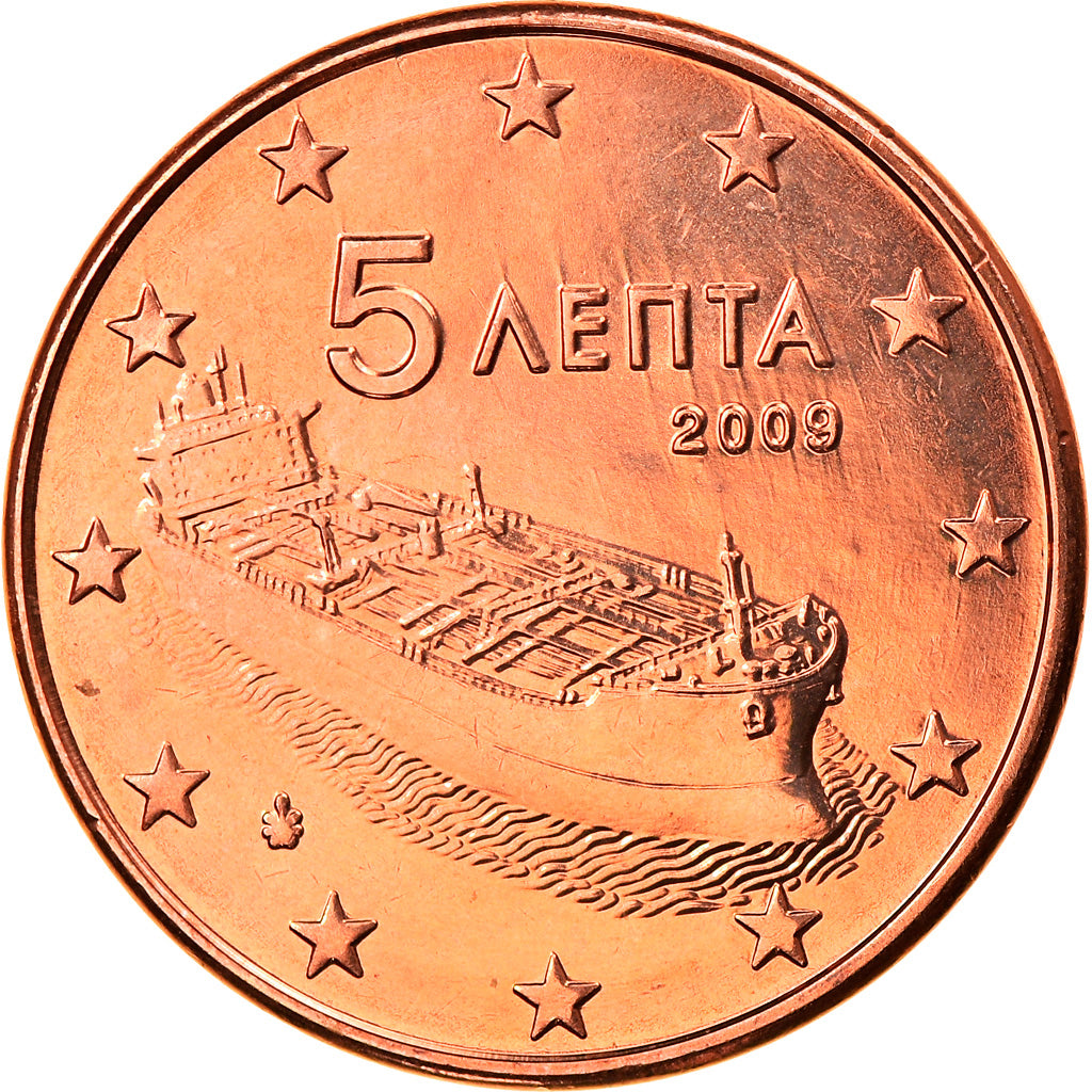 Grécia, 5 Euro Cent, 2009, Athens, MS(65-70), Aço Cromado a Cobre, KM:183