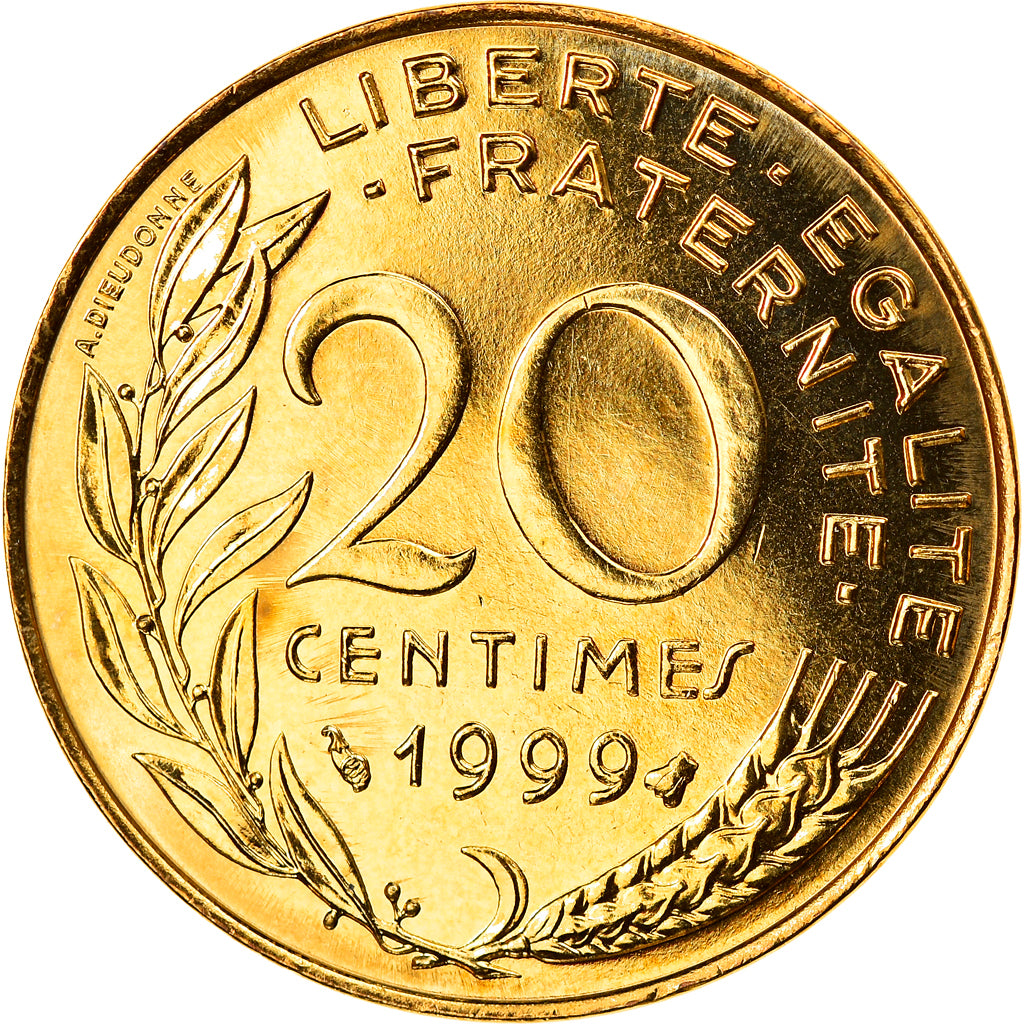 Moneta, Francja, Marianne, 20 Centimes, 1999, Paris, MS(65-70), Aluminium-Brąz