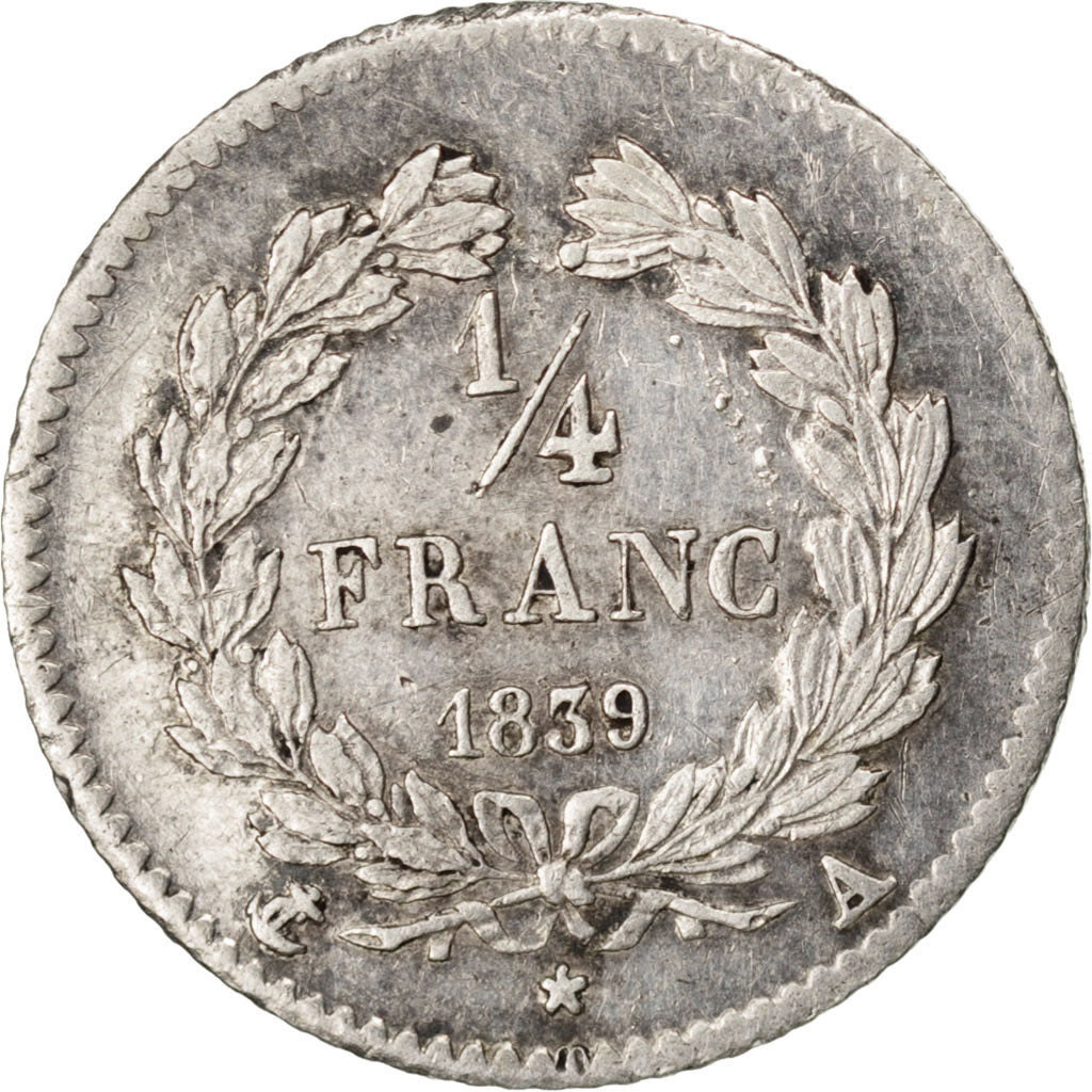 Moneta, Francja, Louis-Philippe, 1/4 Franc, 1839, Paris, AU(50-53), Srebro