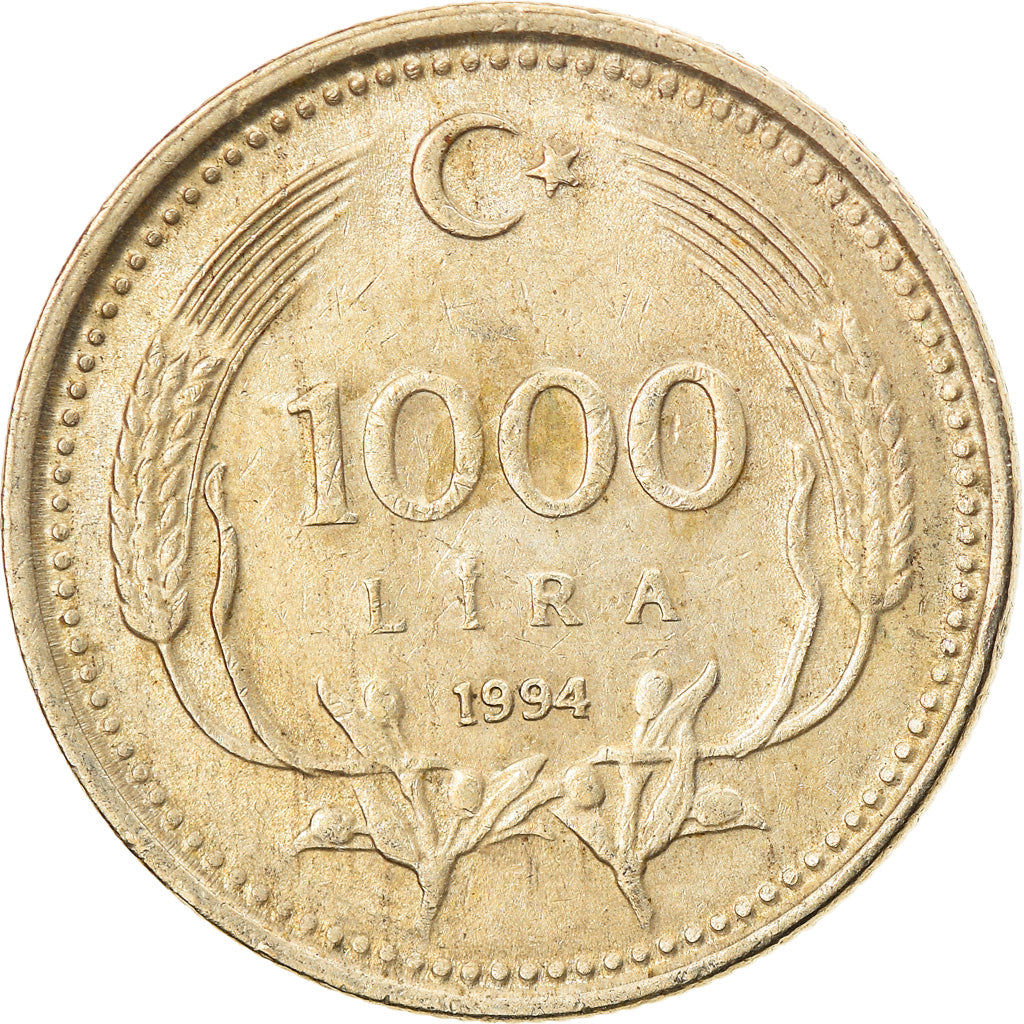 Moneda, Turquía, 1000 Lira, 1994, MBC, Níquel - latón, KM:997