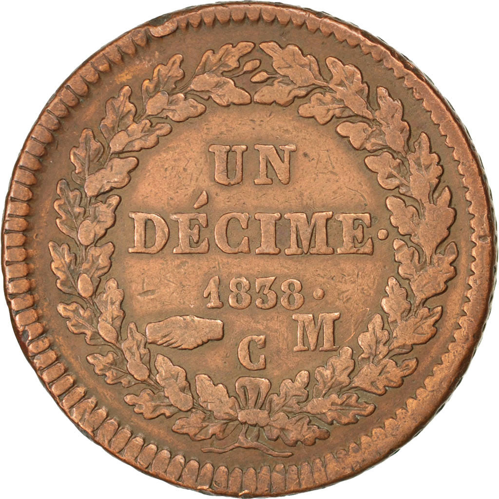 Moneta, Monaco, Honore V, Decime, 1838, Monaco, MB+, Rame, KM:97.1, Gadoury:105