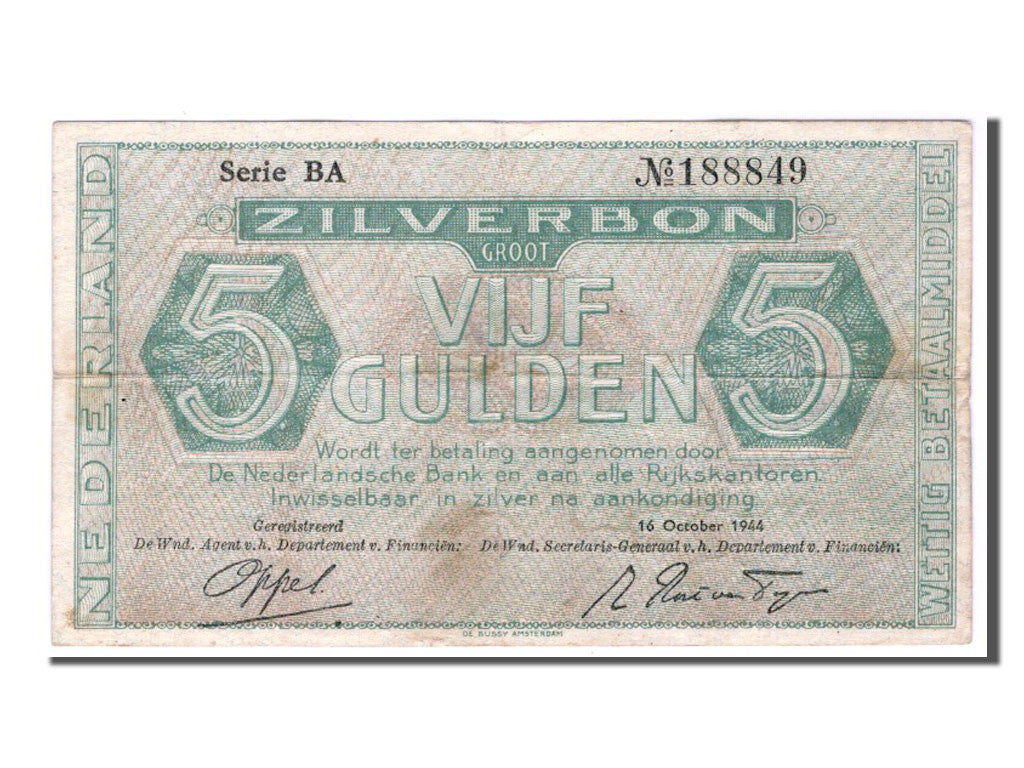 Banknot, Holandia, 5 Gulden, 1944, EF(40-45)