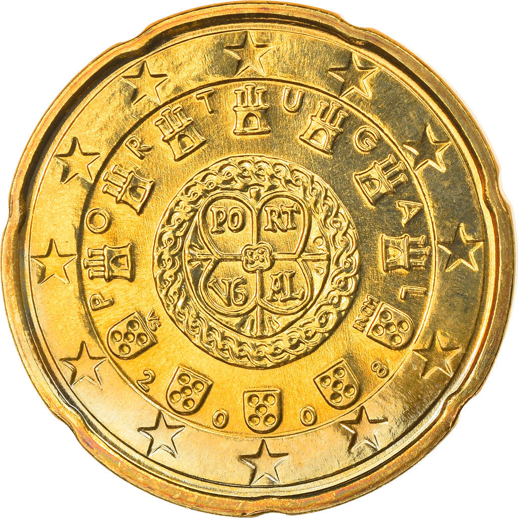 Portugal, 20 Euro Cent, 2008, Lisbon, MS(63), Mosiądz, KM:764